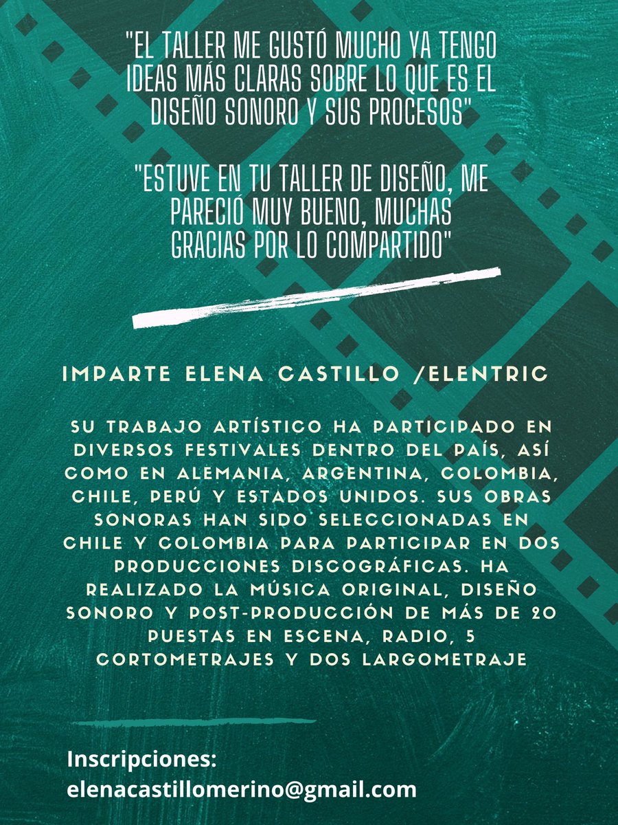 Elentric's tweet photo. Ya esta el taller de Diseño Sonoro🎧📻💙 ahora entre semana para todos aquellos que no pudieron tomar el anterior, mucho les agradezco que lo compartan!!✨ Enfocado para cine, radio, cortos, performance, teatro. https://t.co/Mv3vD59l7f