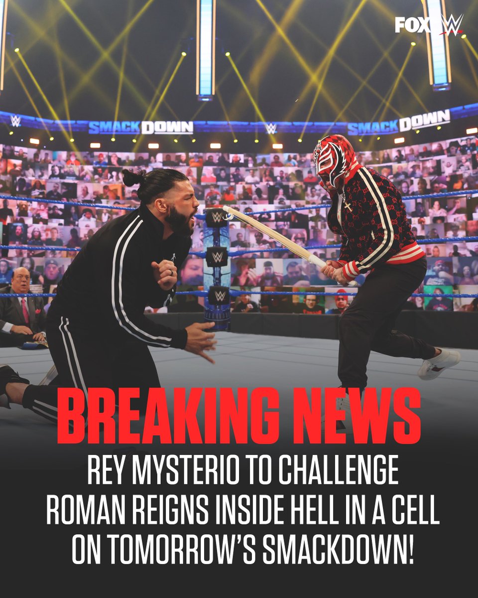 WWEonFOX's tweet photo. BREAKING NEWS:
Per @WWE, it will be @reymysterio vs. @WWERomanReigns w/ @HeymanHustle for the Universal Title inside Hell in A Cell on tomorrow’s SmackDown on FOX! https://t.co/t9fIjR3jrm