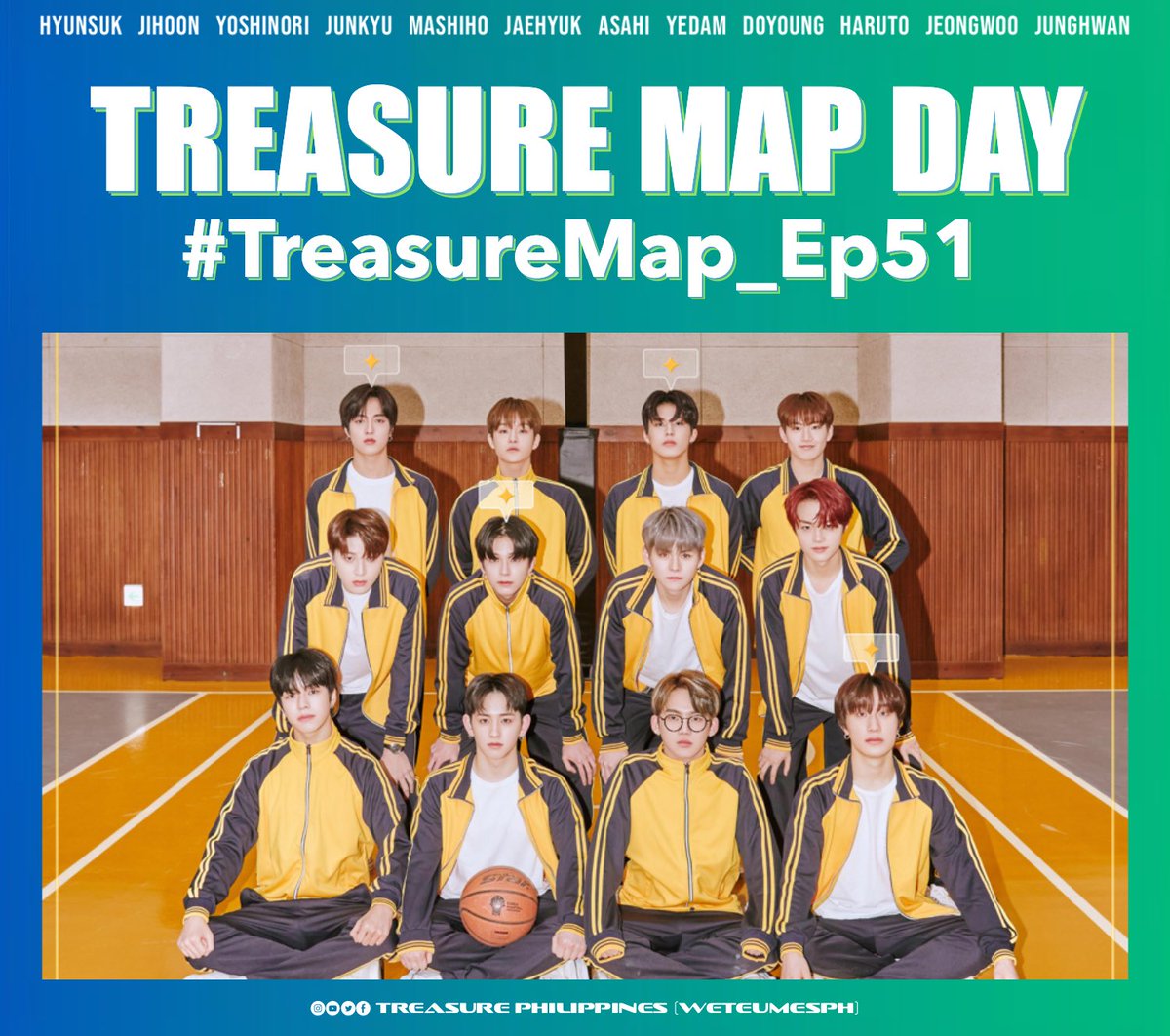 [💎TAGLINE &amp; HASHTAG💎]

Teu-Ha! Don't forget to use our tagline and add some unique words on your tweets. Let's show how excited we are for another episode of Treasure Map! 🔥

TREASURE MAP DAY
#TreasureMap_Ep51
#TREASURE #트레저  
<a href="/treasuremembers/">TREASURE</a>