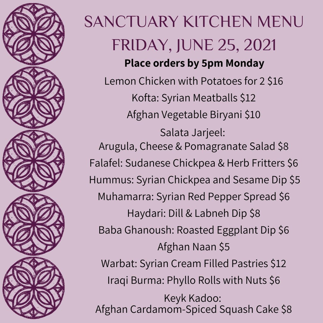 SanctuaryKitCT's tweet photo. Next Friday’s menu is live! We have great dinner options, as wells as sides & sweets made by chefs from Syria, Afghanistan, Sudan & Iraq! Order now at https://t.co/jHL0nX4FNE #sanctuarykitchen #nhv #cityseed #refugeeswelcome #withrefugees #withimmigrants #socialenterprise https://t.co/1kQhuaUl3Z