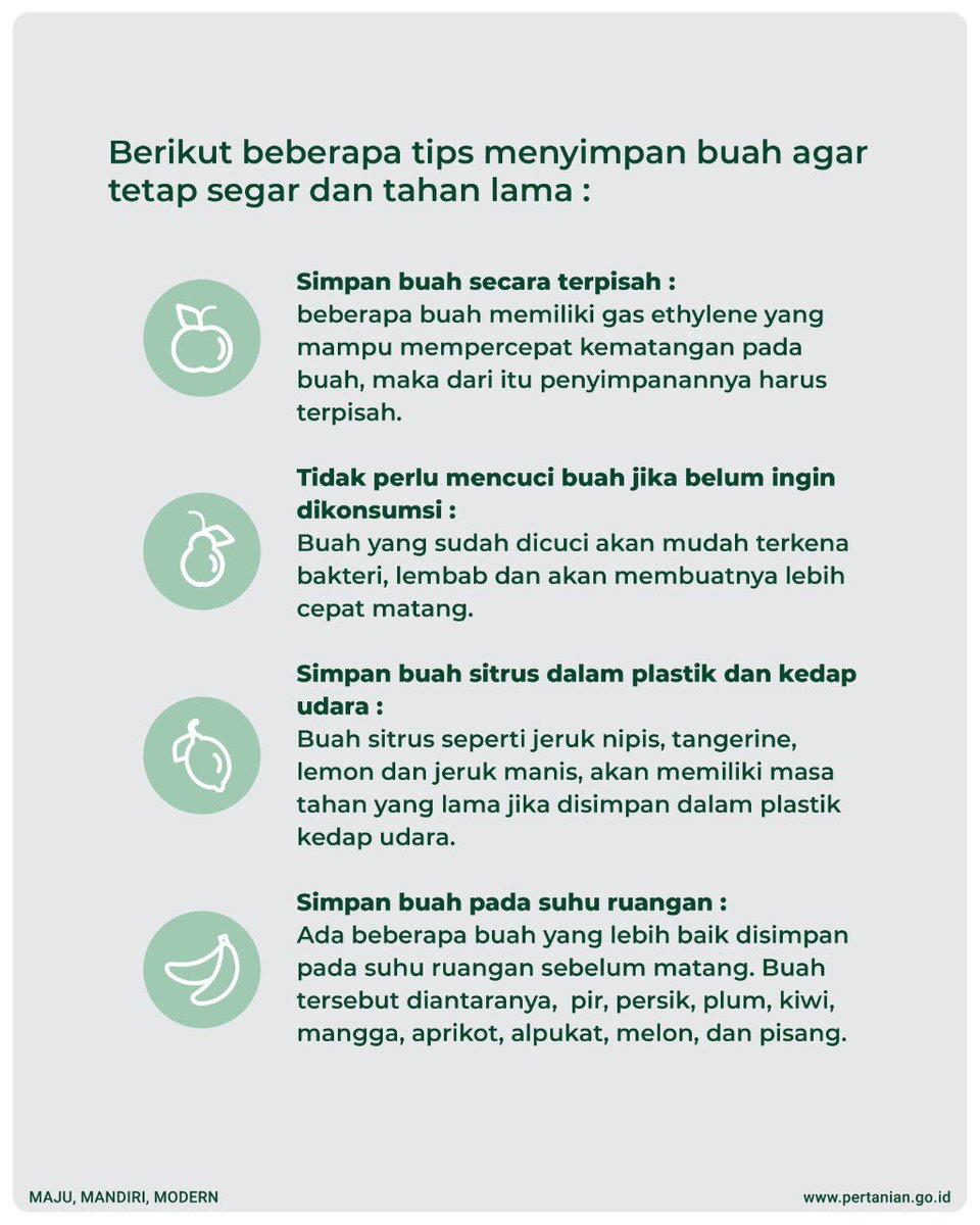 kementan's tweet photo. Selamat pagi!

SobaTani, yuk selalu konsumsi buah-buahan karena kandungan nutrisinya membantu tubuh kita terjaga dari segala penyakit. Berikut MinTani akan share tips untuk menjaga buah agar tahan lama dan tetap terjaga nutrisinya. https://t.co/cdaOUmWCSp