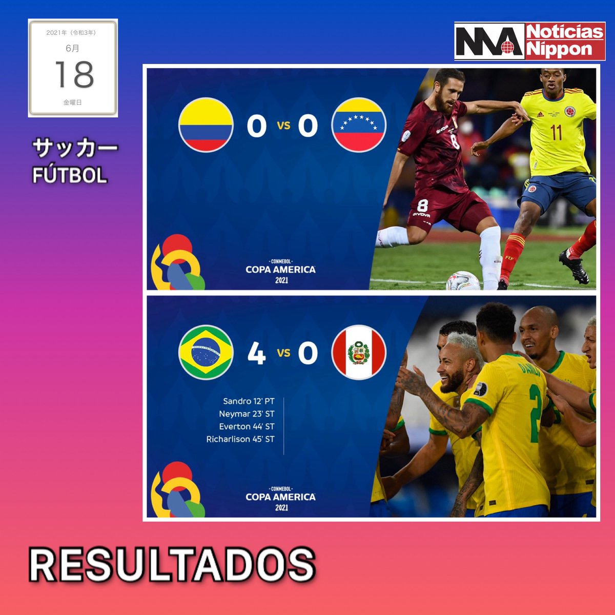 Noticiasnippon Sakka Resultados De Los Juegos Disputados Hoy Correspondientes Al Grupo A De La Copaamerica21 Venezuela 0 X 0 Colombia Brasil 4 X 0 Peru サッカー コパアメリカ ベネズエラ Noticiasnippon Sakka Resultados De Los Juegos Disputados Hoy Correspondientes Al Grupo A De La Copaamerica21 Venezuela 0 X 0 Colombia Brasil 4 X 0 Peru サッカー コパアメリカ ベネズエラ
