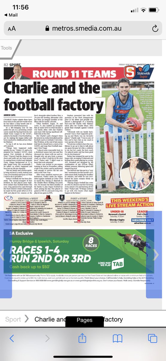 . <a href="/SturtFC/">Sturt Football Club</a>’s Charlie Parker, a former <a href="/SturtDCC/">Sturt DCC</a> first-grade cricketer, is pinching himself. He tells <a href="/TheTiserSport/">The Advertiser Sport</a> why. Plus your Round 11 <a href="/SANFL/">SANFL</a> teams. In today’s <a href="/theTiser/">The Advertiser</a>