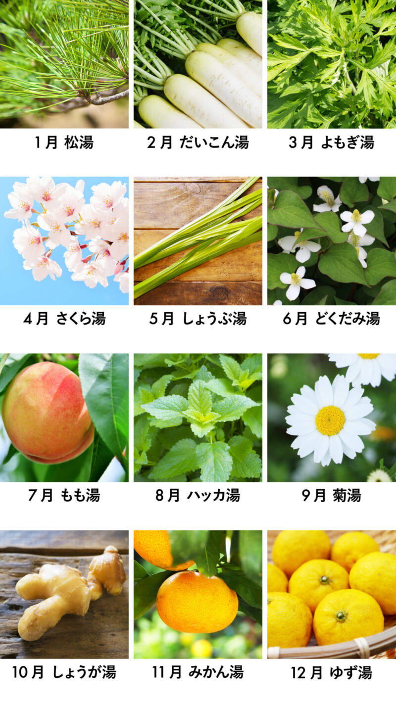 暦生活 こよみせいかつ 季節湯 きせつゆ 旬の植物を湯船に浮かべることで その力を享受しながら季節の変化を楽しむ 日本に古くから伝わる入浴文化です 平安時代に弘法大師 空海が医療用の薬湯として 薬草風呂 を広めたのがルーツとされてい