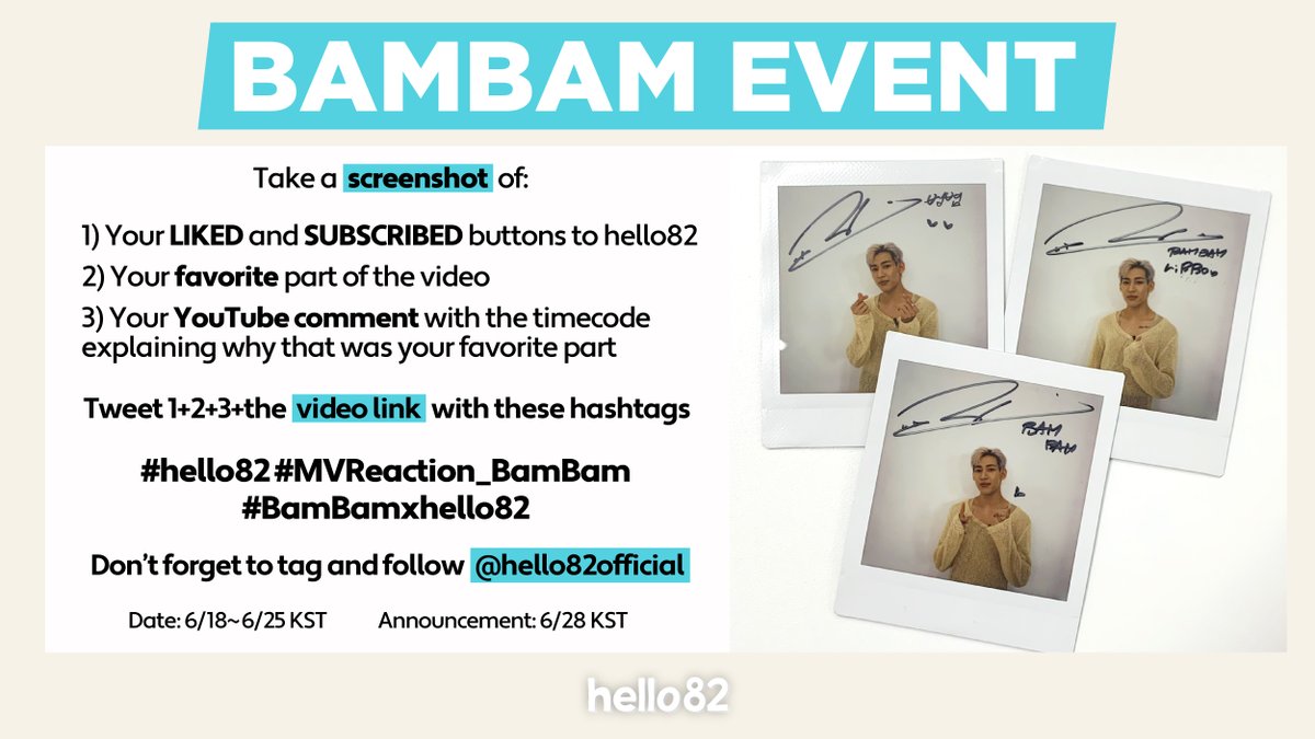 hello82official's tweet photo. 🎀 BAMBAM EVENT 🎀 

Watch as BamBam gives fans the sweetest surprise of all times and get the chance to win a signed polaroid!
🔗 https://t.co/YK19lifEJe

#BamBam #hello82 #hello82tv #BamBamxhello82 #riBBon https://t.co/UDz5NgPLkH