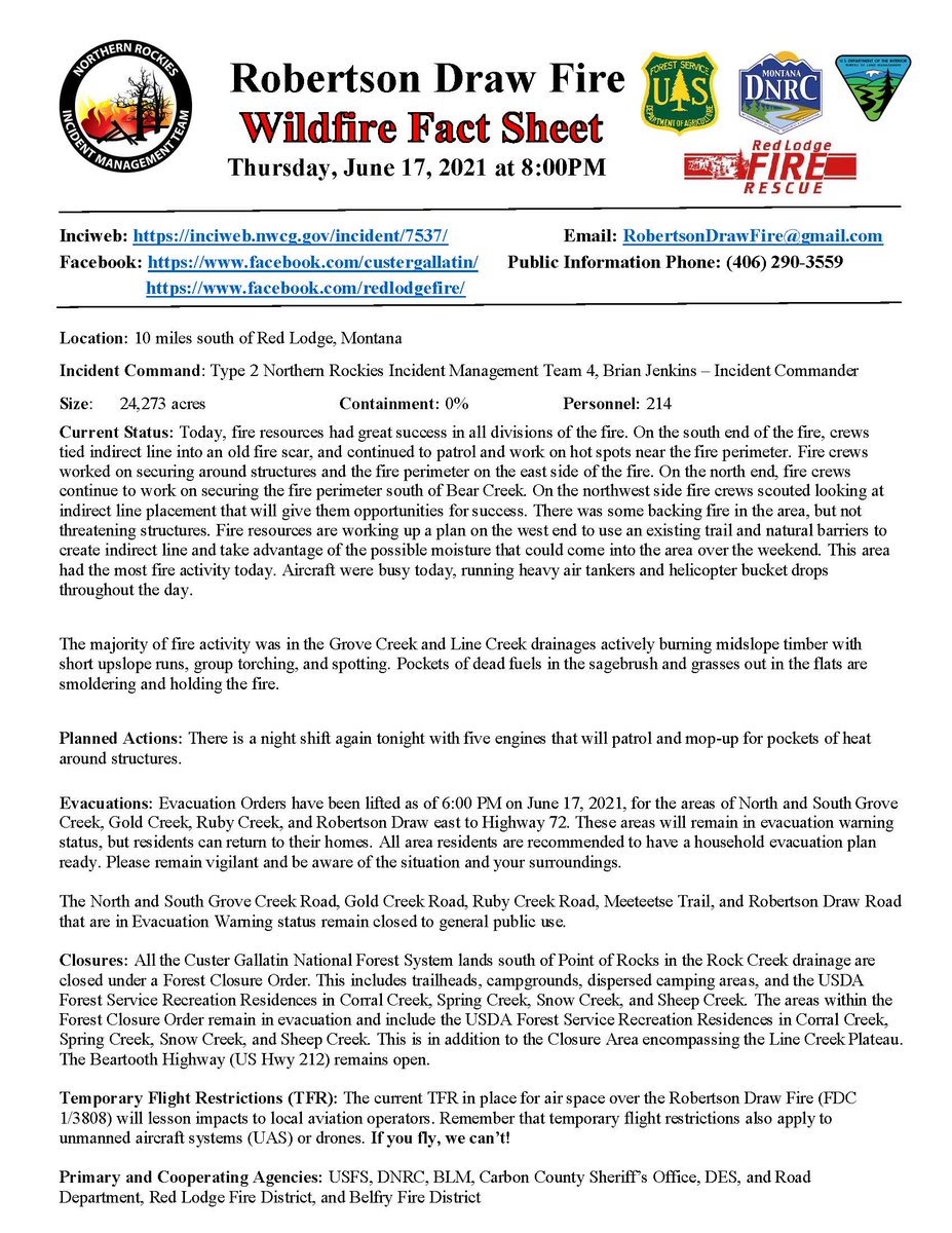 #RobertsonDrawFire Evening Fact Sheet - June 17
Fire resources had great success in all divisions of the fire today. <a href="/ccsomt/">CCSOMT</a>