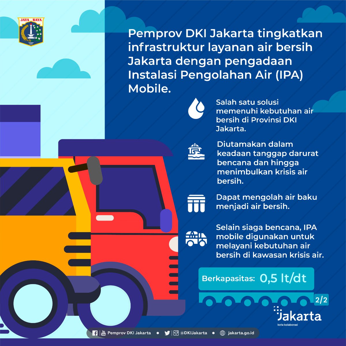 DKIJakarta's tweet photo. IPA Mobile adalah Unit IPA dengan sistem mobile yang dapat digunakan untuk mengatasi permasalahan air bersih dengan cara mengolah air baku yang bersumber dari sungai menjadi air bersih, serta sebagai alternatif solusi tanggap darurat bencana dan krisis air bersih.
#IPAMobile https://t.co/Kb6h1XrCqK