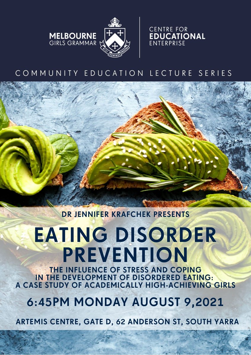 Join us Aug 9 for an informative evening with Dr Krafchek who will share her research on the influence of stress &amp; coping in the development of disordered eating: a case study of academically high-achieving girls. Further info bit.ly/3xrclBx #eatingdisorders #education