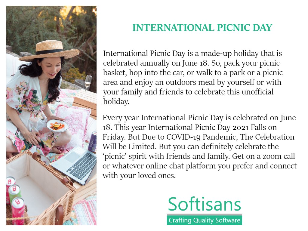 Softisans_com's tweet image. International Picnic Day is a made-up holiday that is celebrated annually on June 18. So, pack your picnic basket, hop into the car, or walk to a park or a picnic area...
#softisans
#islamabad
#sqlserverdevelopment
#projectmanagement
#covid
#staysafe
#picnic
#worldpicnicday