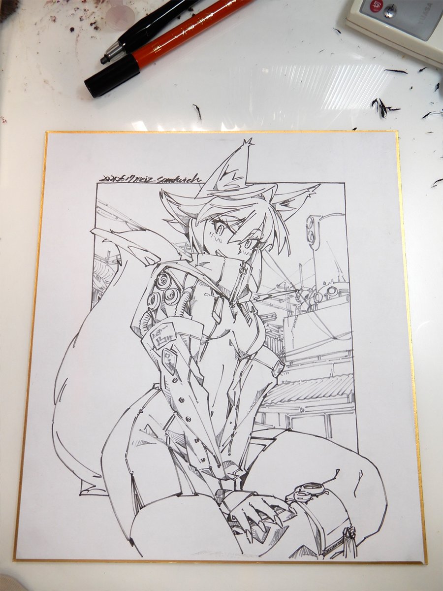 昨日の夜の線画のスキャンとデジカメ撮影版。
#線画 #色紙 #狐娘 #サイバーパンク 