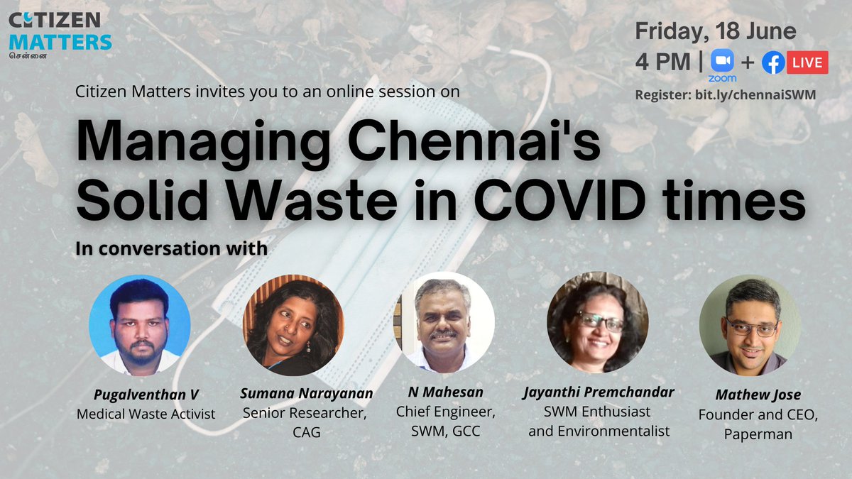 Join our panel discussion today for a deep dive into the challenges and constraints of waste management in #Chennai during COVID-19.

Date: Friday, June 18 
Time: 4 PM

Register here: bit.ly/chennaiSWM

<a href="/CAGChennai/">CAG Chennai</a> <a href="/pugalventhan_91/">Pugalventhan Venkatesan</a> <a href="/mathewjose87/">Mathew Jose</a>