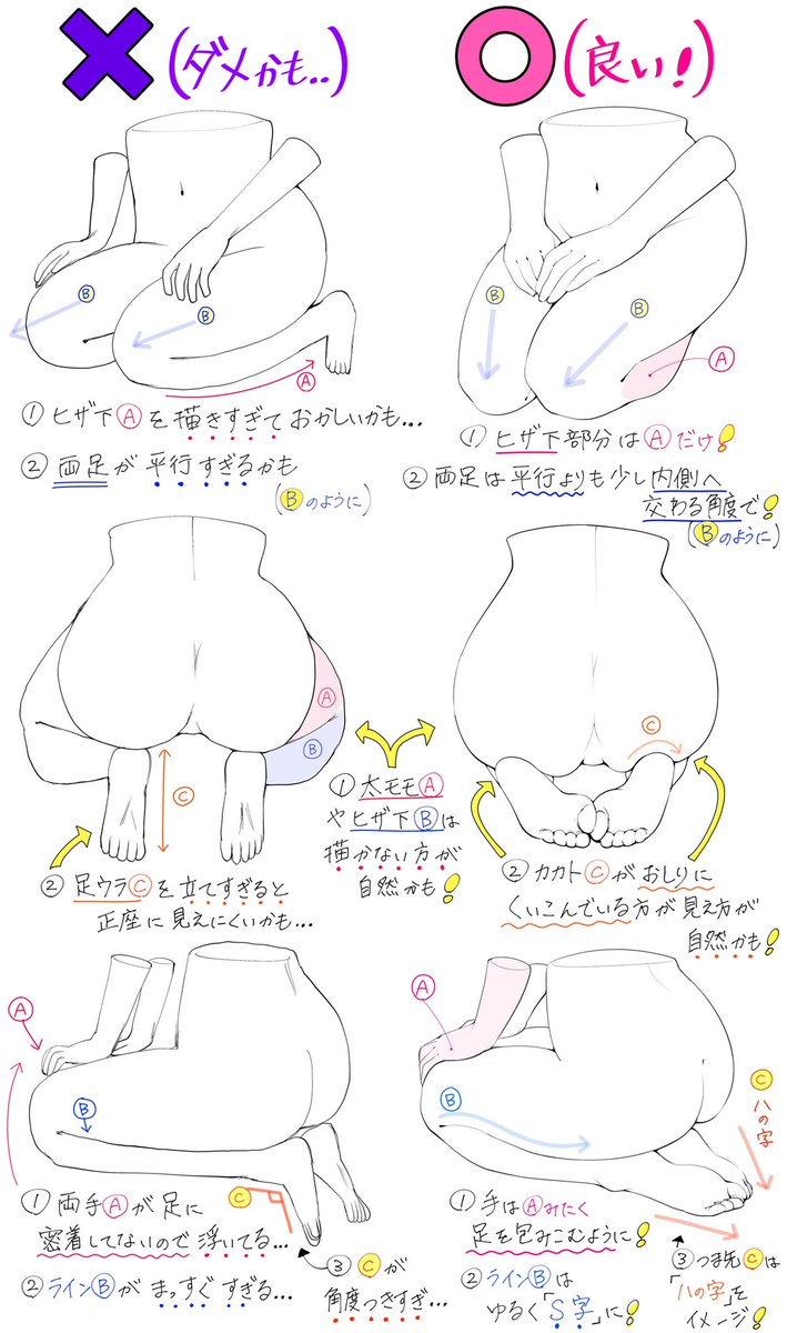 【女性の正座ポーズの描き方】

足の曲げ方と太ももの筋肉感が分かる‼️

「ダメかも❌」と「良いかも⭕️」 
