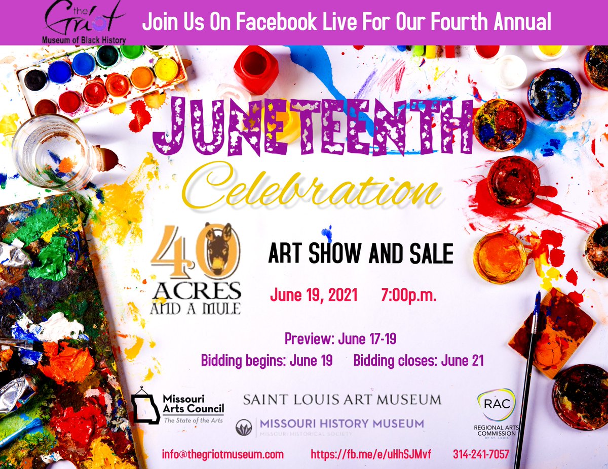 Join us for our 4th annual Juneteenth Celebration!
 fb.me/e/uHhSJMvf
#JuneTeenth2021 #JuneteenthFederalHoliday #BlackHistory #stlevents #saintlouis #juneteenth #artshow