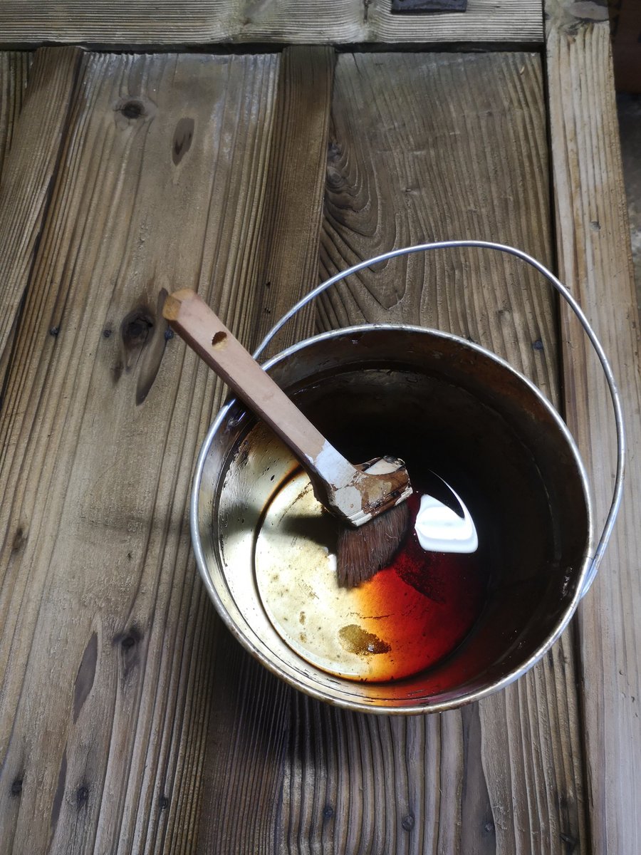 Kakishibu 柿渋 (persimmon juice) is just one of the great things I didn't know about until I started working in a kura. Using chemicals around sake is best avoided; this provides a natural solution for varnishing woods. It's also insecticidal, antiseptic and has a great finish.