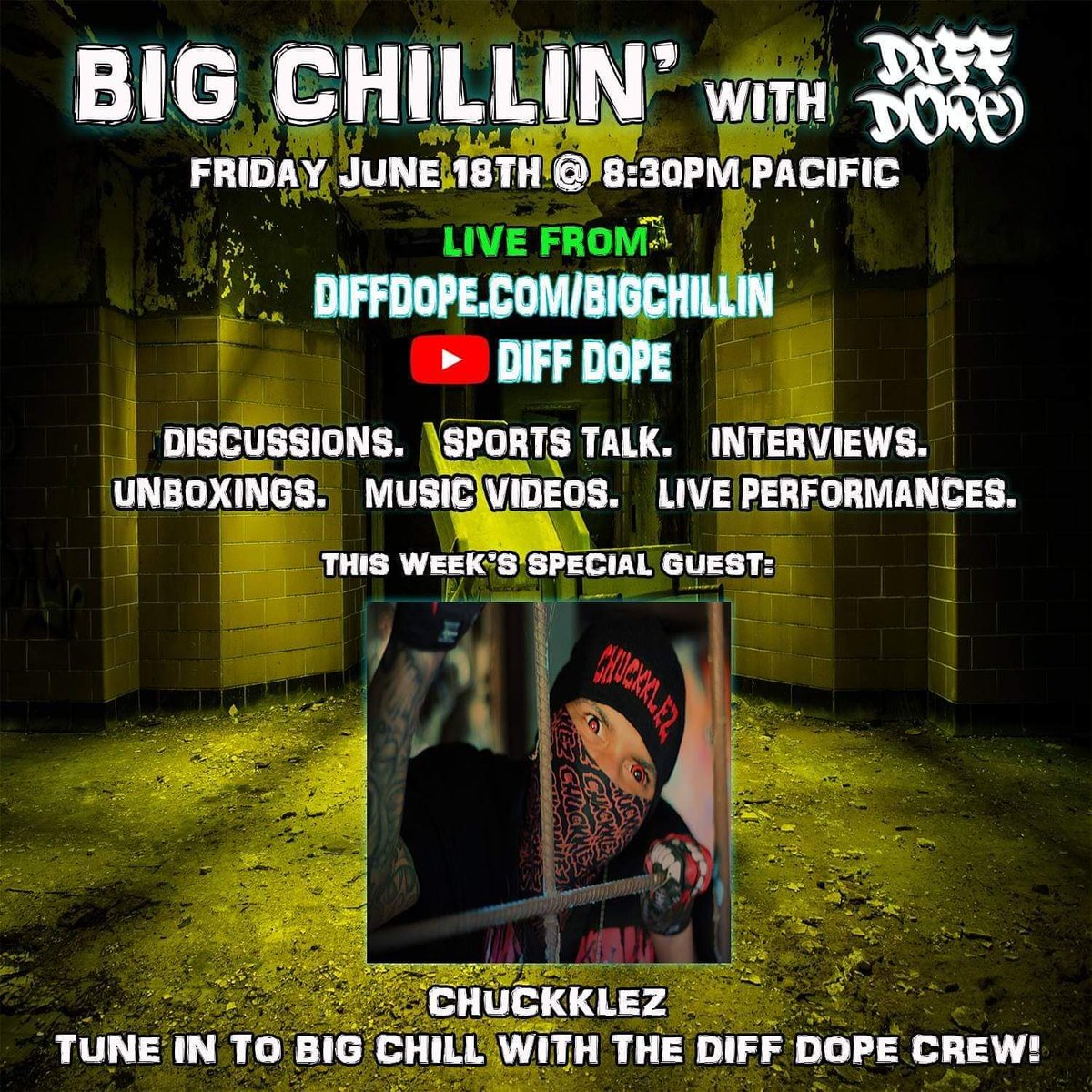 Chuckklez408's tweet photo. STARTING TOMORROW!!!
Comes fucks with the #DiffDope crew and myself as I hop onto the "BIG CHILLIN' with Diff Dope" Podcast. We'll be discussing on my new music video, new releases, music, sports, unboxings and more special things that y'all don't wanna miss out! 8:30 pm PACIFIC https://t.co/vokJ0d5yIo
