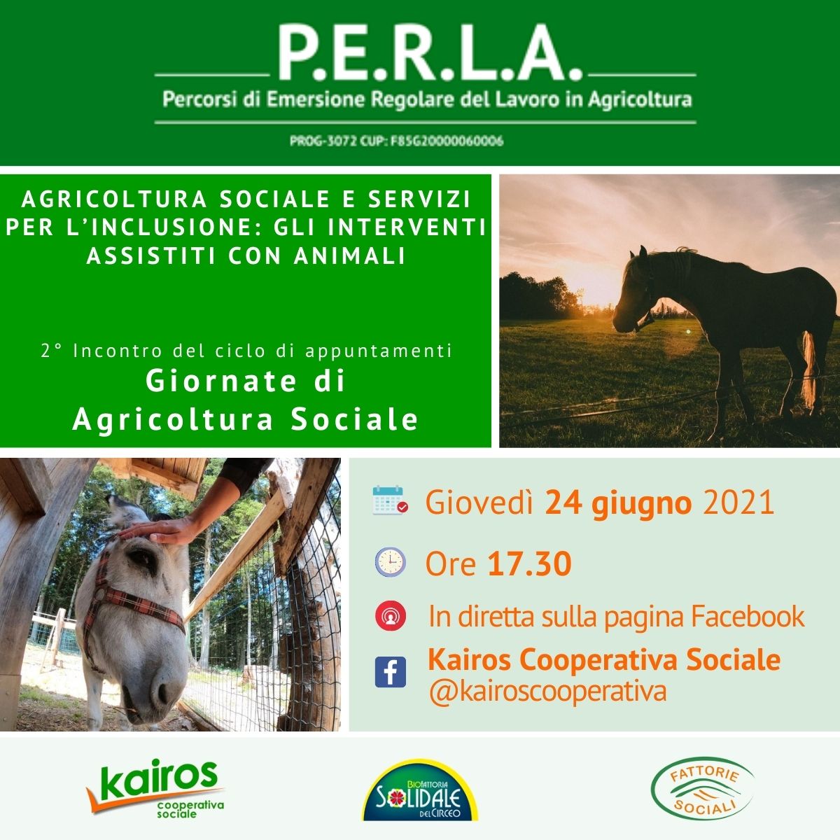 Continuiamo a parlare di #inclusione e #lavoro in diretta Facebook

"#AgricolturaSociale🌱🤲🏿 e servizi per l’inclusione: gli interventi assistiti con #animali (IAA)"

📅 Giovedì #24giugno
🕕 Ore 17.30
📱 #Live sulla pagina Kairos Cooperativa Sociale
facebook.com/kairoscooperat…