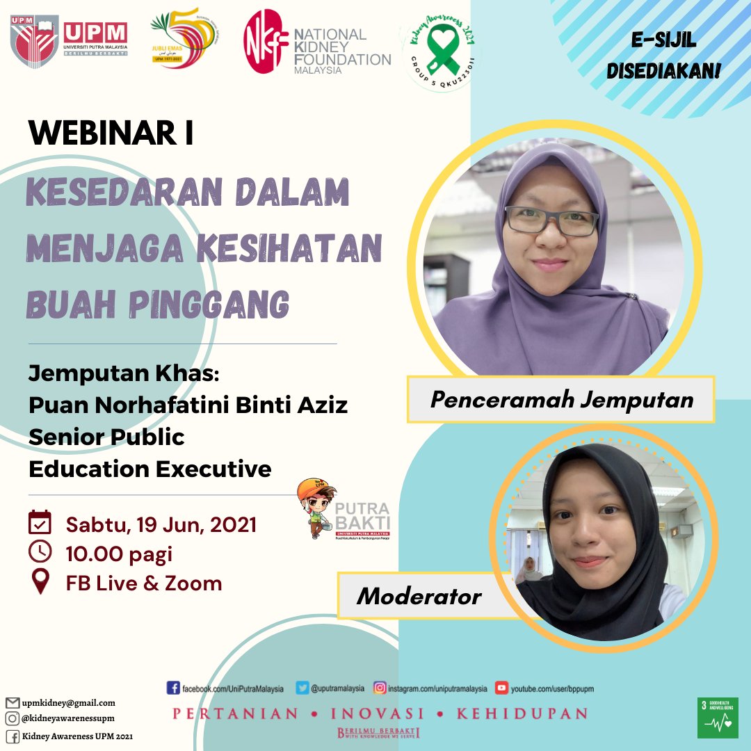 Join us tomorrow (19 June 2021) at 9am on FB LIVE #KidneyAwarenessUPM2021 #nkfmy #NKFMalaysia #uniputramalaysia #universitiputramalaysia
facebook.com/10469525509079…