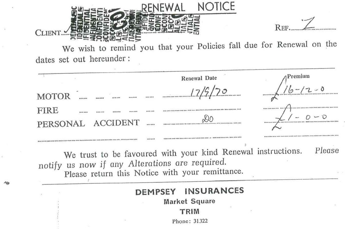 DempsInsurance's tweet image. A one page renewal notice for £16 (€267 in today's money!)for a motor policy from 1970! - The customer is still with us as well!