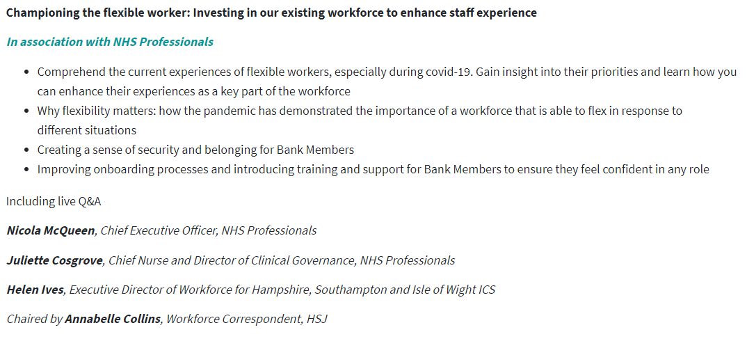 HSJevents's tweet photo. Our #HSJworkforce Forum session association w/ @NHSPbank will be about the flexible worker featuring @nicolamcqueen_ @juliettecosgrov and @BugsIves.
Taking place next Wednesday, 23 June
More information here >> https://t.co/wAqNGG8ReF https://t.co/Mw3cWOsuDa
