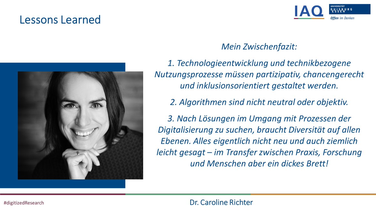 BEST_IAQ's tweet photo. Wir runden unsere Themenwoche #digitizedResearch zum #Digitaltag mit der Reihe "Lessons Learned" ab. Was ist unser Fazit aus bisherigen Forschungen und Erfahrungen zu Digitalisierung in verschiedenen Gesellschaftsbereichen? Dr. Caroline Richter legt vor mit ihrem Zwischenfazit💁♀️ https://t.co/eAXgMqJN2t
