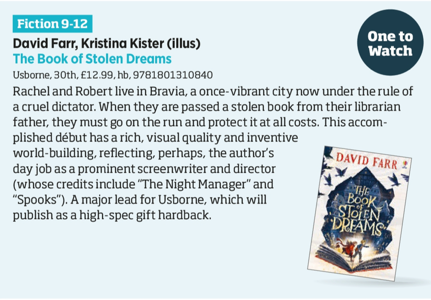 Thrilled to see @DavidFarrUK's masterpiece #TheBookofStolenDreams is one to watch in this week's @thebookseller in a storming September selection - so many incredible books!