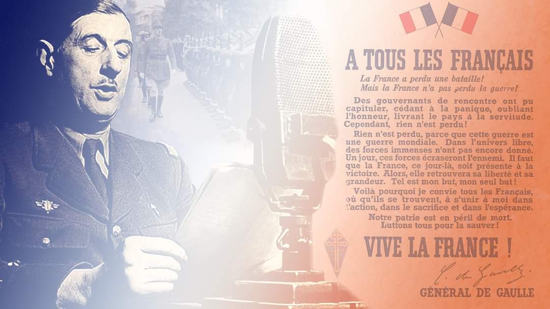 'Quoi qu'il arrive, la flamme de la résistance française ne doit pas s'éteindre et ne s'éteindra pas. Demain comme aujourd'hui, je parlerai à la radio de Londres.'

Appel du #18juin du général de Gaulle

#Histoire2Terre
#VendrediCulture #Remember