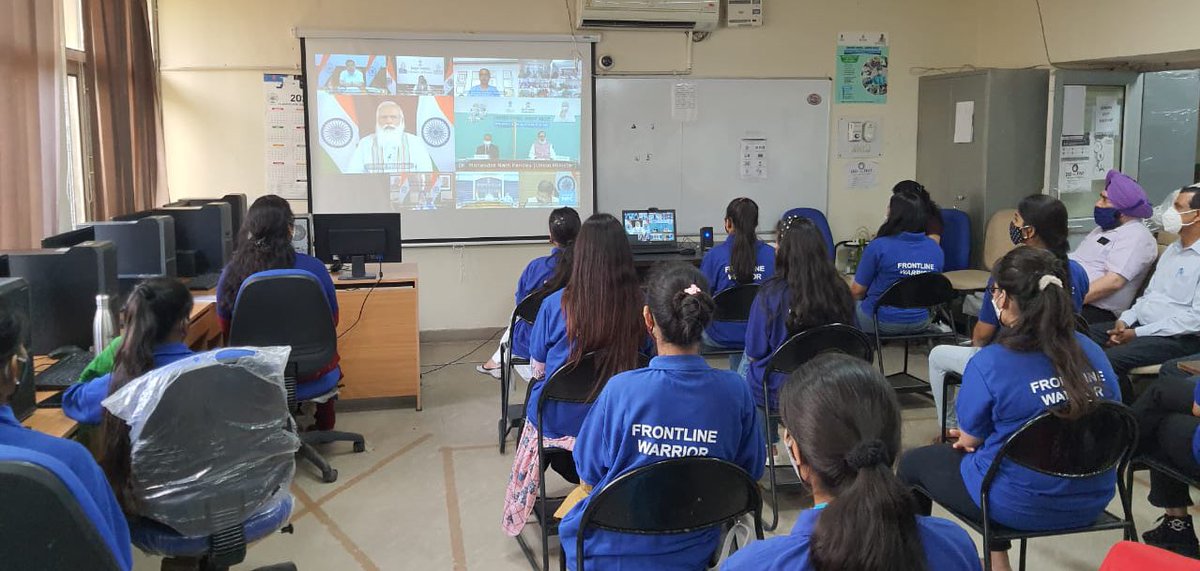 IndiaSkillsChd's tweet photo. Today Hon’ble PM Narendra Modi launched ‘Customised Crash Course Programme for Covid-19 Frontline Workers’, designed under PMKVY 3.0, in 111 training centres. He also interacted with students. @DDNewslive @NSDCINDIA @MSDESkillIndia https://t.co/9lva6IVOcp
