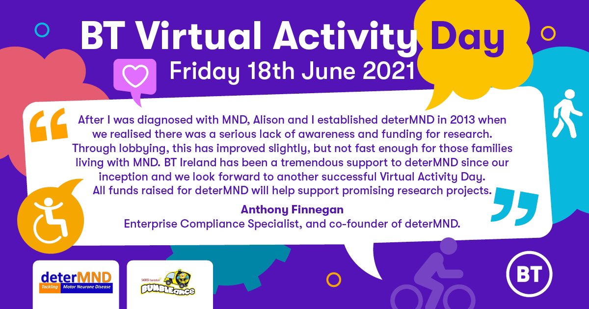 🏃‍♀️🚴🏊🏻🕺👩🏾‍🦽🚶🏼‍♀️

We are up and out today 🌞 

BT Virtual Activity Day gets colleagues away from the ‘desk’ and active while raising funds for <a href="/deterMND/">deterMND</a> and <a href="/BUMBLEance/">@BUMBLEance</a> ♥️