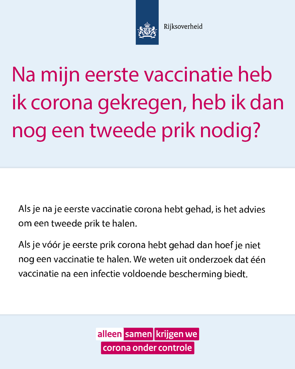 Krijg je vóór je eerste prik corona 👉 Geen tweede prik
Krijg je na je eerste prik corona 👉 Wél een tweede prik

Meer weten? ⤵️
rijksoverheid.nl/onderwerpen/co…