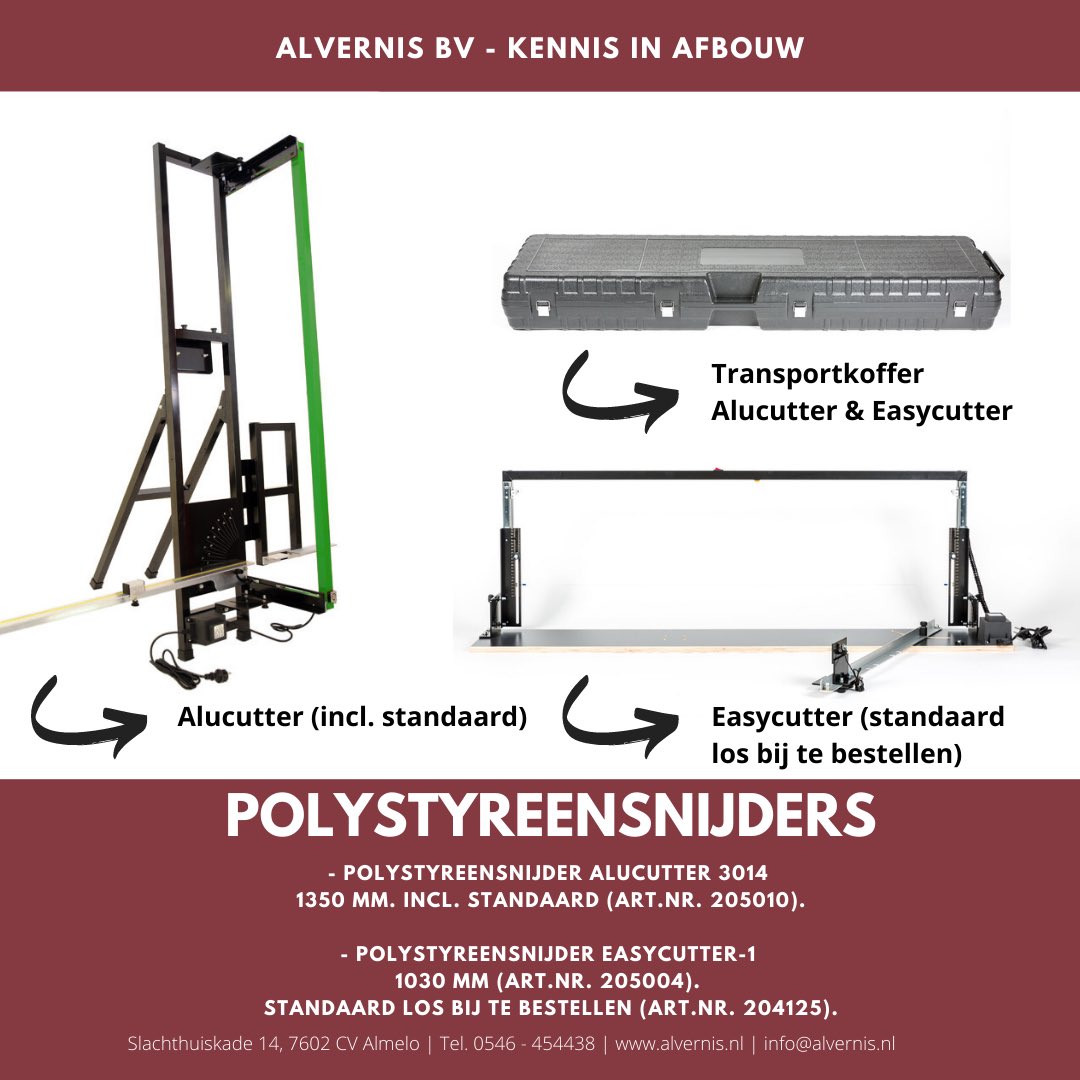 UITGELICHT! Ons assortiment polystyreensnijders!

- Polystyreensnijder Alucutter 3014, 1350 mm.

- Polystyreensnijder Easycutter-1, 1030 mm.

Eveneens in ons assortiment: handmodel polystyreensnijders!

Vraag ons naar de mogelijkheden.