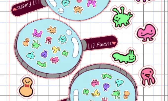 Chilling with @breadartjournal
 to make some Little Dude stickers for the shopee store 🦠🦠🦠 