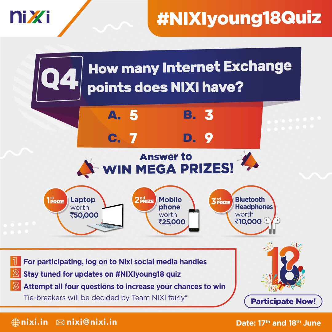NIXI foundation day is the perfect opportunity to test your trivia skills. Who knows, you might just win it big! Winners to be announced on 19th June'21. #NIXIyoung18
#celebration #18years #milestone #achievement #content #quizcontest https://t.co/yhuWV1eczQ