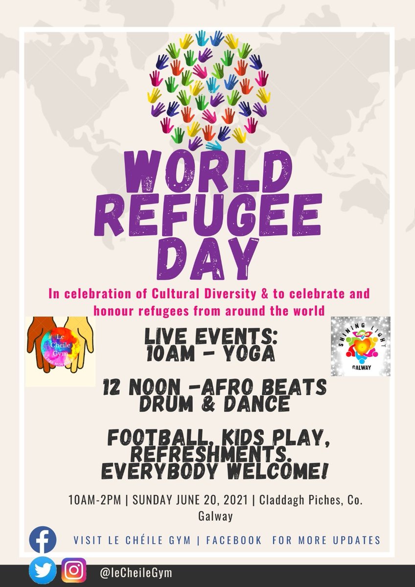 Join Le Chéile Gym this Sunday at the Claddagh Pitches for some football, dancing, refreshments in celebration of cultural diversity and to honour the refugees around the world.

#WorldRefugeeDay2021