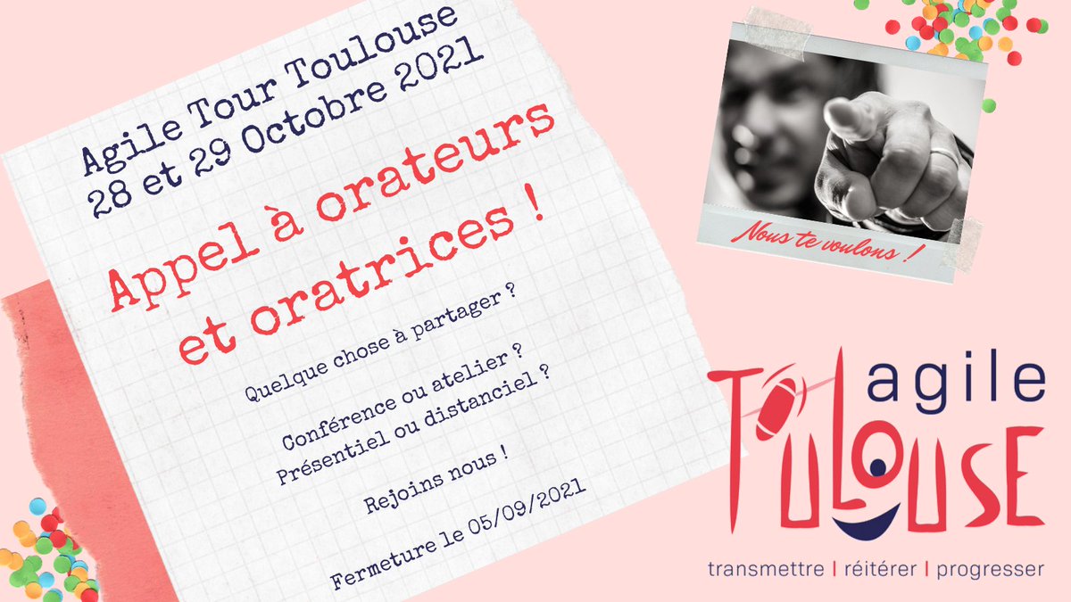 Appel du 18 juin de l’#ATTLS21 : A tous les orateurs et oratrices, l’agile a gagné des batailles ! Venez en témoigner sessionize.com/agile-tour-tou… FAITES TOURNER