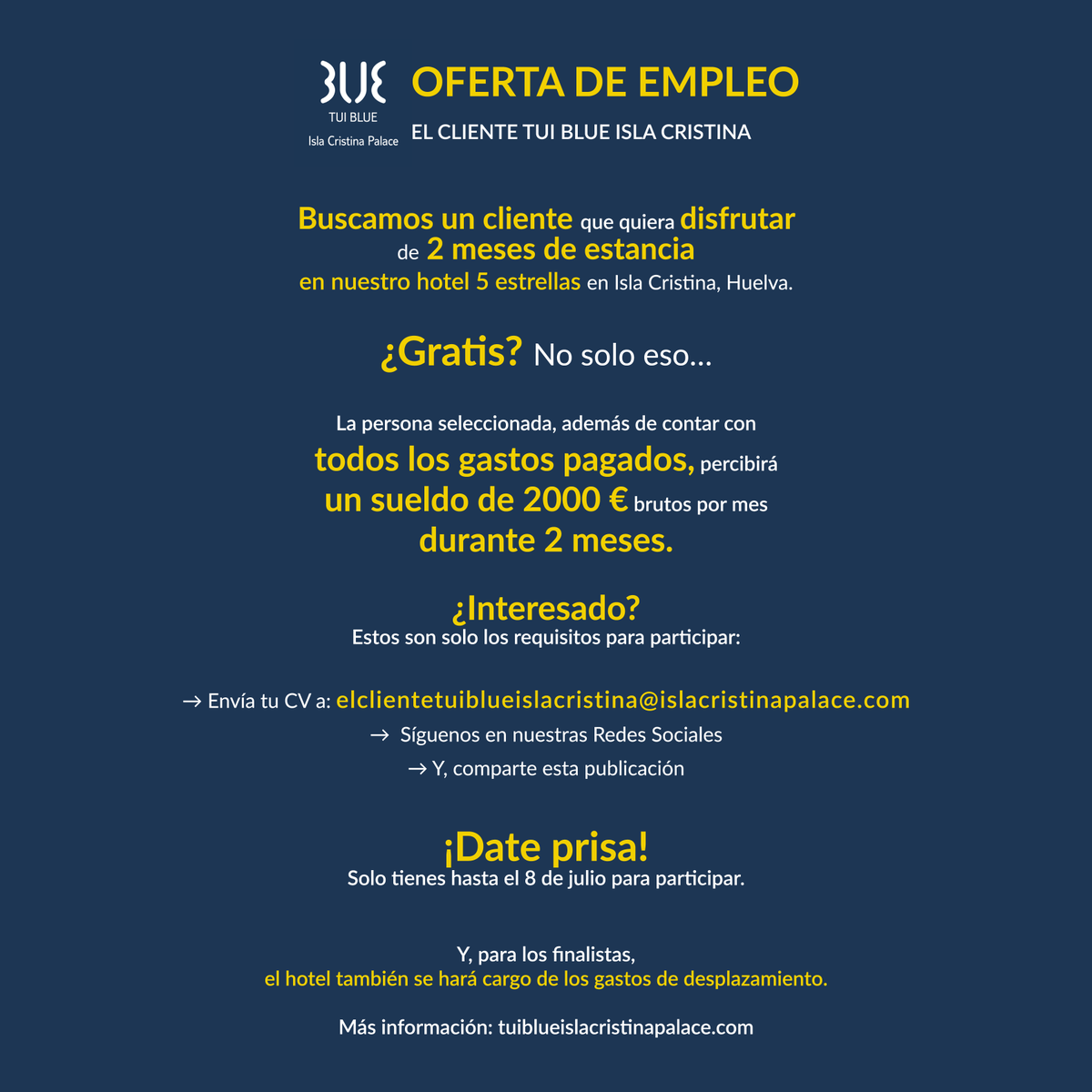 TuiIsla's tweet photo. ¿Disfrutar de 2 meses de estancia cobrando 4000€?Requisitos: envíanos tu CV a 𝗲𝗹𝗰𝗹𝗶𝗲𝗻𝘁𝗲𝘁𝘂𝗶𝗯𝗹𝘂𝗲𝗶𝘀𝗹𝗮𝗰𝗿𝗶𝘀𝘁𝗶𝗻𝗮@𝗶𝘀𝗹𝗮𝗰𝗿𝗶𝘀𝘁𝗶𝗻𝗮𝗽𝗮𝗹𝗮𝗰𝗲.𝗰𝗼𝗺,síguenos en redes sociales y comparte.Más información: https://t.co/bqb2WQEkzY #TuiBlueTutiplén https://t.co/rVtcGALMtw