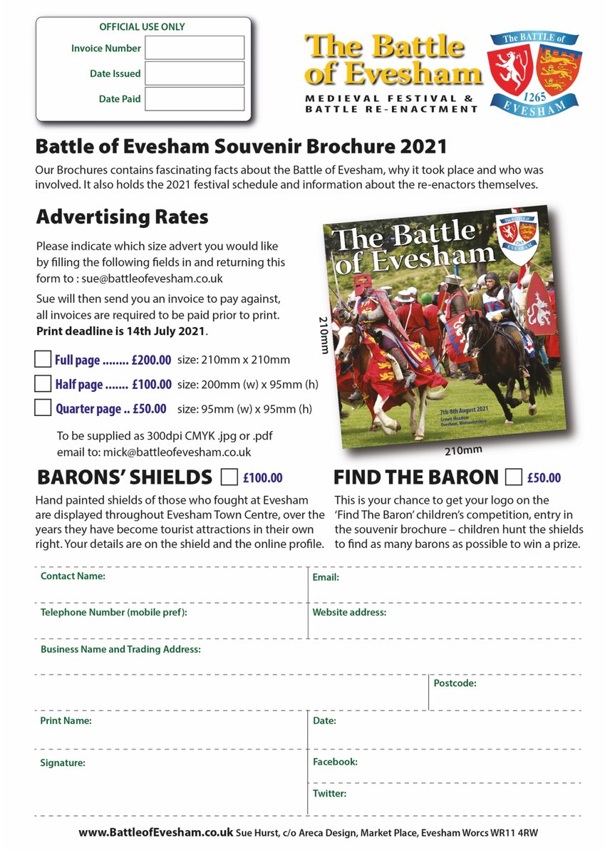 Battle of Evesham Festival & Battle Re-enactment (@boevesham) on Twitter photo BATTLE OF EVESHAM advertising opportunities from £50, your chance to support the UKs largest c13th re-enactment
<a href="/EveshamHour/">#EveshamHour</a> #WorcestershireHour <a href="/WorcesterTIC/">Worcester TIC</a> <a href="/OneWorcs/">One Worcestershire</a> <a href="/bbchw/">BBC Hereford & Worcester</a> @VisitWorcester <a href="/worcsLEP/">Worcestershire LEP</a> <a href="/VECTAEVESHAM/">VECTA</a> <a href="/worcesternews/">Worcester News</a> #localhistoryspecialists BATTLE OF EVESHAM advertising opportunities from £50, your chance to support the UKs largest c13th re-enactment
<a href="/EveshamHour/">#EveshamHour</a> #WorcestershireHour <a href="/WorcesterTIC/">Worcester TIC</a> <a href="/OneWorcs/">One Worcestershire</a> <a href="/bbchw/">BBC Hereford & Worcester</a> @VisitWorcester <a href="/worcsLEP/">Worcestershire LEP</a> <a href="/VECTAEVESHAM/">VECTA</a> <a href="/worcesternews/">Worcester News</a> #localhistoryspecialists