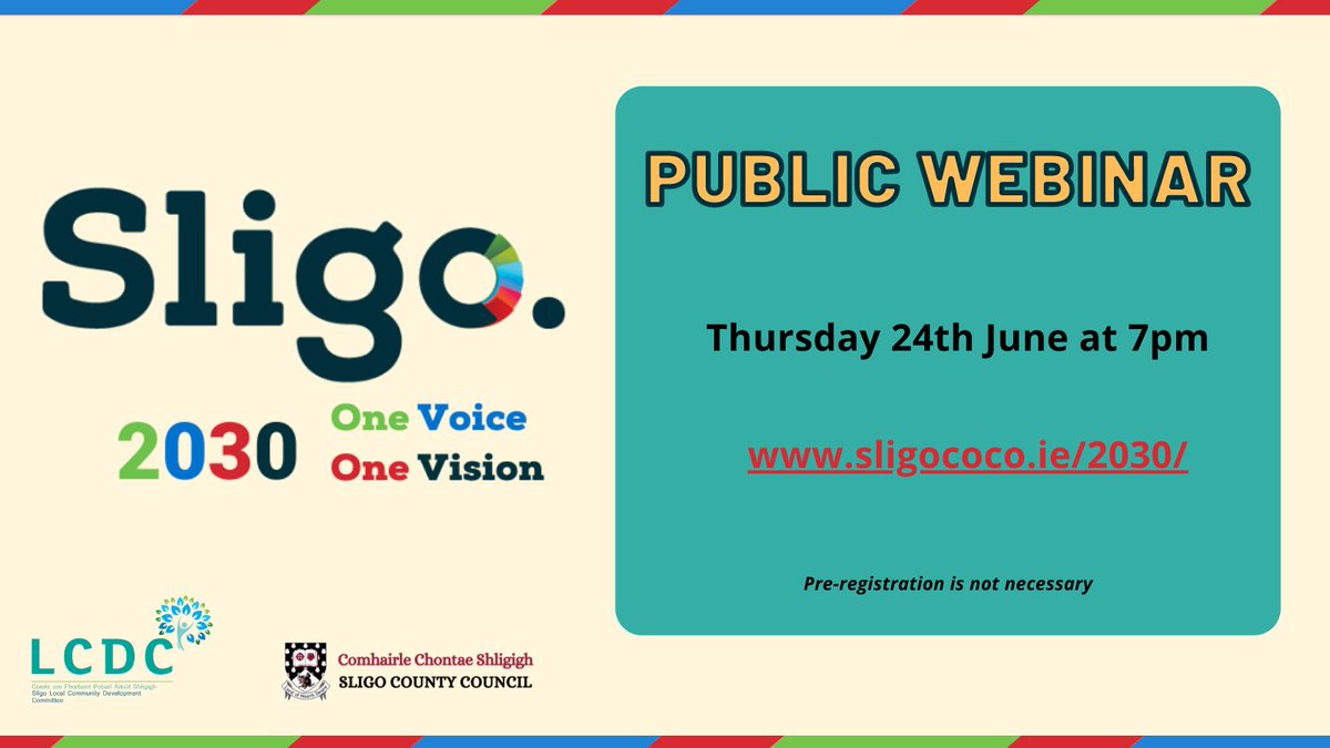 Sligo 2030 One Voice One Vision virtual Public Webinar will take place on Thursday 24 June at 7pm Link to the Webinar will be available at sligococo.ie/2030/ Pre-registration is not necessary. We look forward to your attendance. @SligoBID @SligoChamber @SligoPPN @LEOSligo