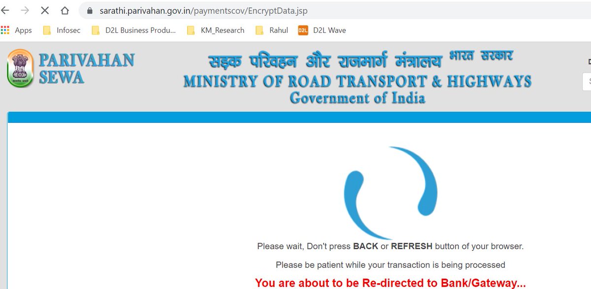 RDInfosec's tweet image. @nitin_gadkari @MORTHIndia 
Another day, the same issue, Payment gateway gets stuck. Request you to please enable online services for this if this is intentional. If this is an issue created by RTO agents then please help citizens.