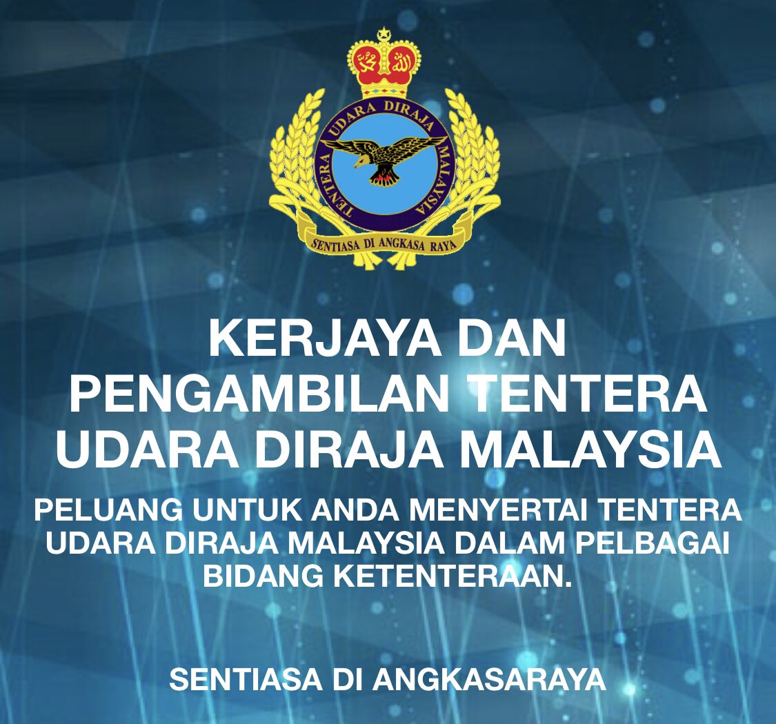 ThePresenter_'s tweet photo. PENGAMBILAN PERAJURIT MUDA TUDM SIRI 65/22 (LELAKI)
Layari: https://t.co/MZbzuZyGXl untuk borang permohonan dan maklumat lanjut.

Tarikh tutup permohonan: 𝟯𝟭 𝗢𝗚𝗢𝗦 𝟮𝟬𝟮𝟭

Sumber: TUDM 
#ThePresenter #kerjayaberseragam #angkatantenteramalaysia #tentera #jobvacancy #kerjaya https://t.co/suzkCJdUjq