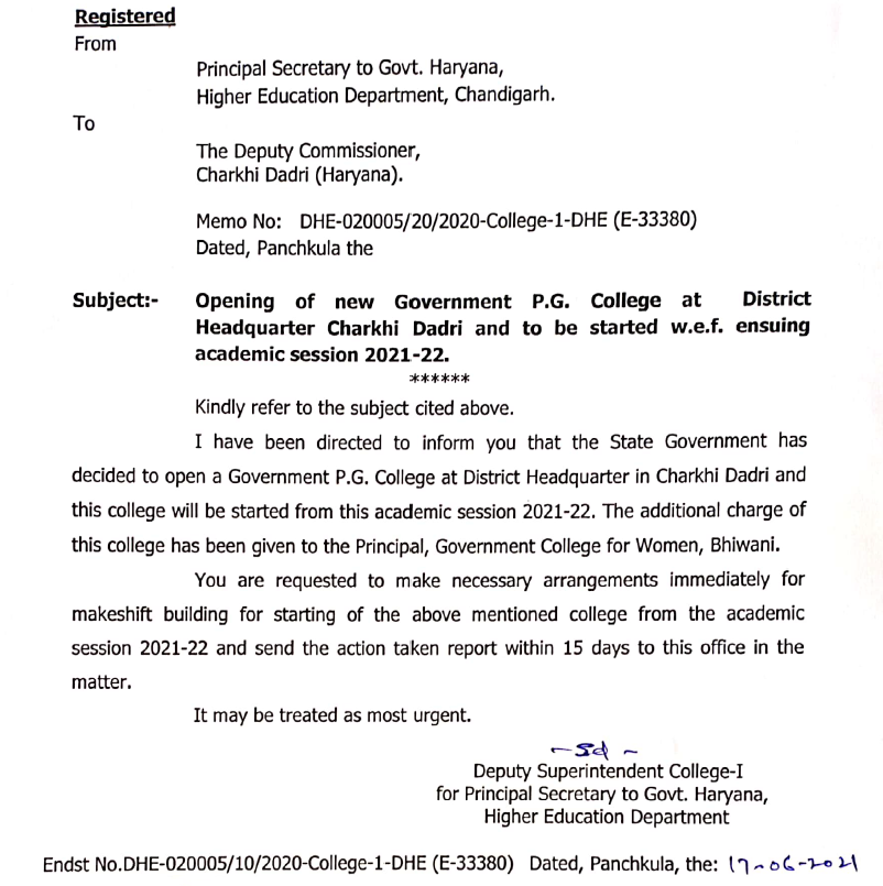 rjogpal's tweet photo. Congratulations #charkhidadri for a brand new Government PG College starting for the session 2021-22. https://t.co/I29oBVfDOw