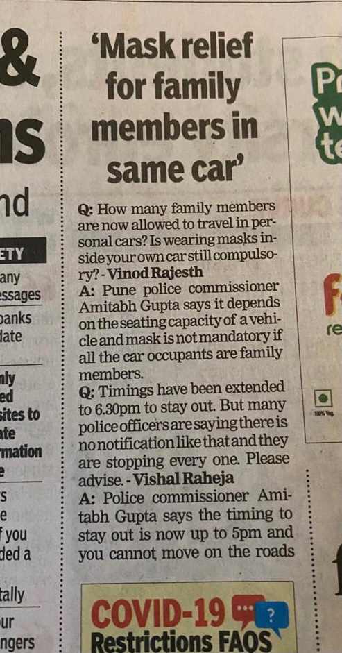 neneji's tweet photo. @PuneCityPolice @TOIPune @ThePuneMirror Pls clarify, family in car exempt from wearing mask but if alone mask is compulsory! https://t.co/83wR4WVlES