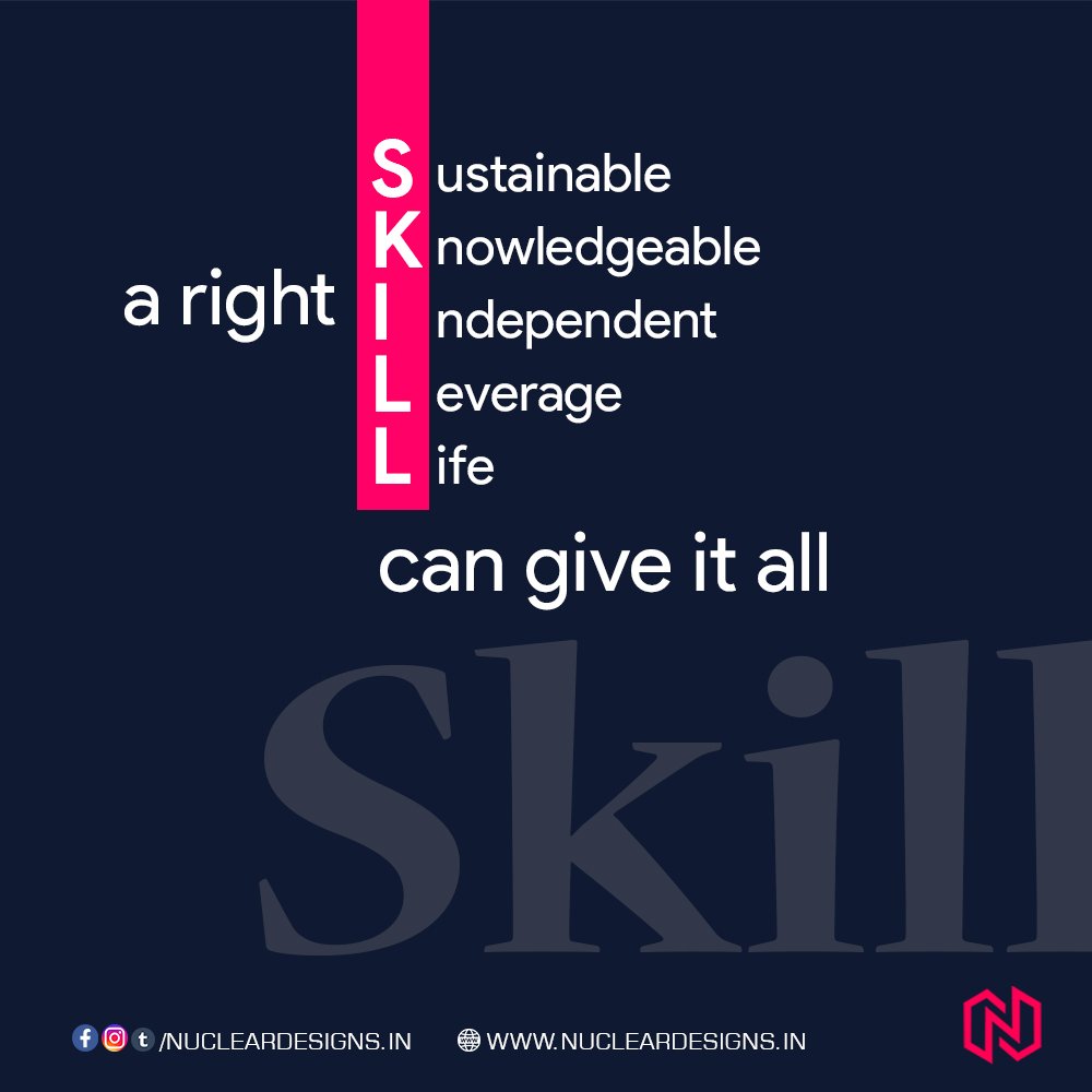 DesignsNuclear's tweet photo. A right skill is most important necessity to live a life on your terms.
.
Stay tuned for more creative concepts.
Call for Branding/Marketing Solutions: +91-6397-328-392
.
.
#skills #skill #independent #sustainable #leverage #life #knowledgable #nucleardesigns #Mindset https://t.co/2XPaH5X5EO