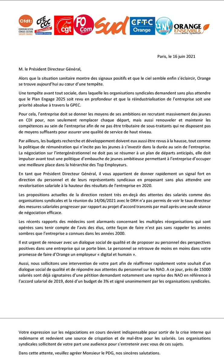 L'ensemble des organisations syndicales interpelle le PDG d'#orange afin de renouer un dialogue social dans l'entreprise et de sortir de l'impasse des négociations actuelles. #CGT #negociation  #TousMobilisés <a href="/srichard/">Stéphane Richard</a> <a href="/orange/">Orange</a> <a href="/CgtFaptOrange/">CGT FAPT Orange</a> <a href="/Ge_Pellissier/">Gervais Pellissier</a>