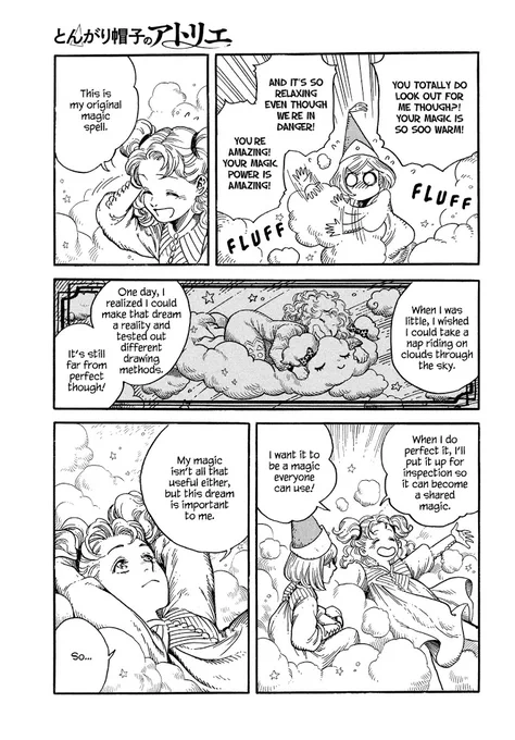in one page we learn that 'Shared Magic' exists &amp; how it works. 
infer: people have their own original ideas of magic. it can then be shared &amp; distributed through a system after inspection. All the while showing character personality (her dreams + determination to achieve them). 