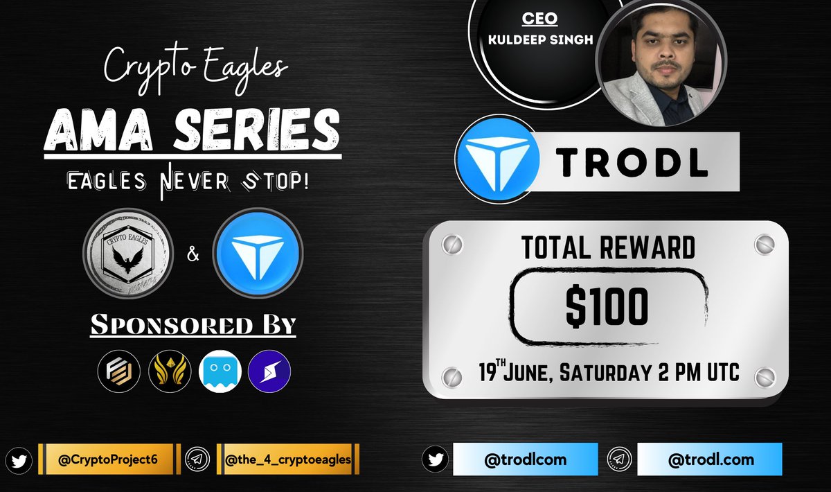 We are pleased to announce our next AMA on 19th June 2021 at 2:00 PM UTC
 
<a href="/CryptoProject6/">Crypto Eagles</a>
 x 
@trodlcom 
 
 For AMA details:
t.me/the_4_cryptoea…
Total Reward pool: 100$
Requirements:
Follow 
@trodlcom 
 &amp; 
<a href="/CryptoProject6/">Crypto Eagles</a>

Like, RT, Tag your 3 Friends