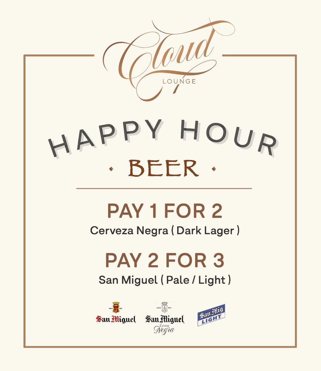 Grab your friends and enjoy our Pay 1 For 2 Cerveza Negra and Pay 2 For 3 San Miguel (Pale/Light) 

Info and Rsvp 021 2992 2450 I 0812 8250 4949

#cloud_jkt #rooftop #promo #hangout #lounge #jakarta #instagood #sanmigeul #cervezanegra #drinks #pay1for2 #pay2for3