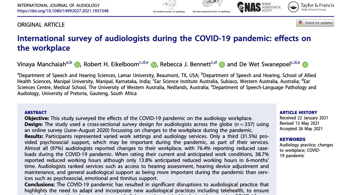 DeWet Swanepoel (@dewetswanepoel) on Twitter photo New <a href="/ijaonline/">International Journal of Audiology</a> article on #COVID19 pandemic effect on #audiology workplace. 76% reduced caseload & 25% lost jobs or clinics closed. Thanks <a href="/Audiology_ISA/">International Society of Audiology</a> for global survey. New <a href="/ijaonline/">International Journal of Audiology</a> article on #COVID19 pandemic effect on #audiology workplace. 76% reduced caseload & 25% lost jobs or clinics closed. Thanks <a href="/Audiology_ISA/">International Society of Audiology</a> for global survey.
