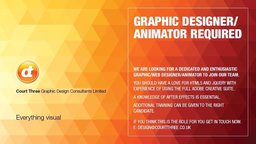 There is a genuinely brilliant opportunity here for the right person (or people in fact). We are doing some great work at the moment for some very high end clients and, while it’s tough, it’s very rewarding.