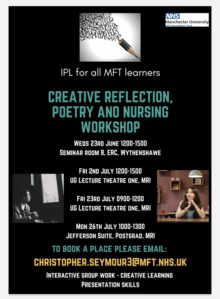 ClinicalEducatorPoet (@clinicalpoet) on Twitter photo Good morning all & happy Friday! Can I ask a little favour? My new Creative reflection, Poetry & Nursing workshop is booking up really quickly <a href="/MFT_MRI/">Manchester Royal Infirmary</a> but not at <a href="/WythenshaweHosp/">Wythenshawe Hospital</a> - please spread the word to your trainees and students? I have a session at WH on 23/06 - Thank you! Good morning all & happy Friday! Can I ask a little favour? My new Creative reflection, Poetry & Nursing workshop is booking up really quickly <a href="/MFT_MRI/">Manchester Royal Infirmary</a> but not at <a href="/WythenshaweHosp/">Wythenshawe Hospital</a> - please spread the word to your trainees and students? I have a session at WH on 23/06 - Thank you!