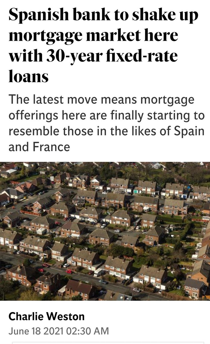 caulmick's tweet photo. Spanish bank to shake up mortgage market here with 30-year fixed-rate loans
The latest move means mortgage offerings here are finally starting to resemble those in the likes of Spain and France
@CWeston_Indo
#AvantMoney
https://t.co/0waJGgLwGt https://t.co/3ZwKbhhODb